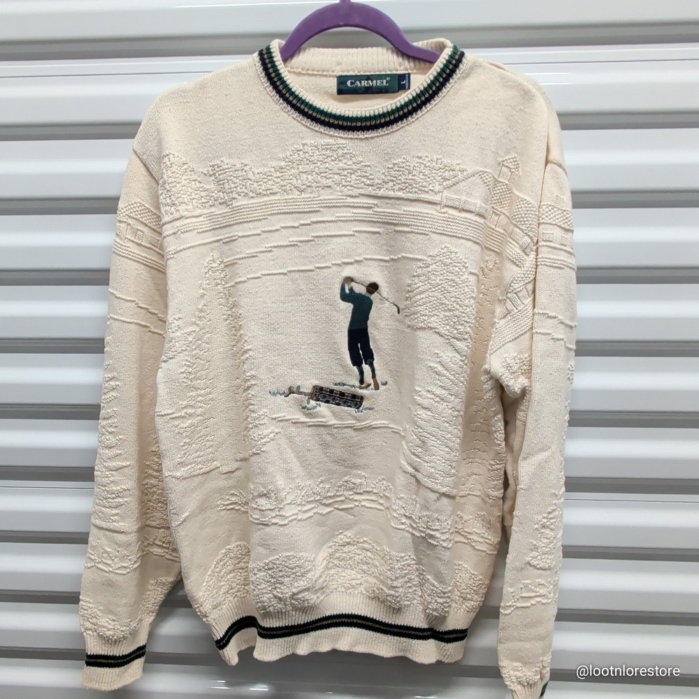 Carmel Vintage Golf Sweater Mens Large Cream Textured Knit Embroidered Made USA